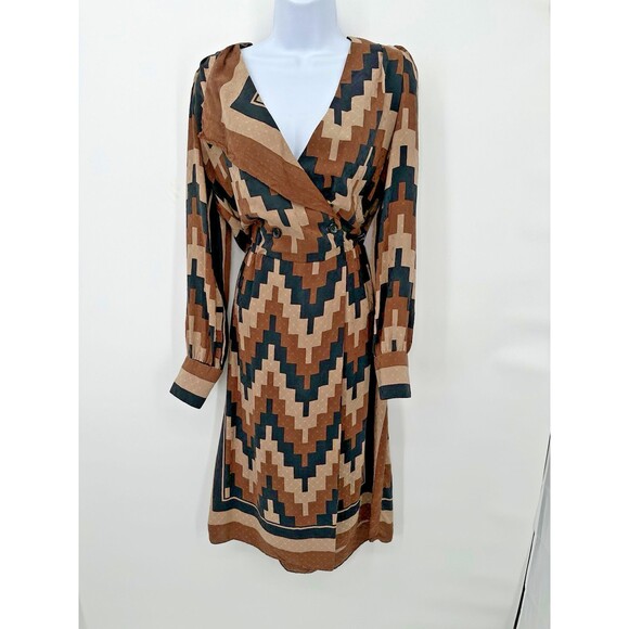 Brijo Retro Geometric Vintage Print Dress Shift Ruffle Silk~ rap L ~Made in USA - Picture 5 of 14